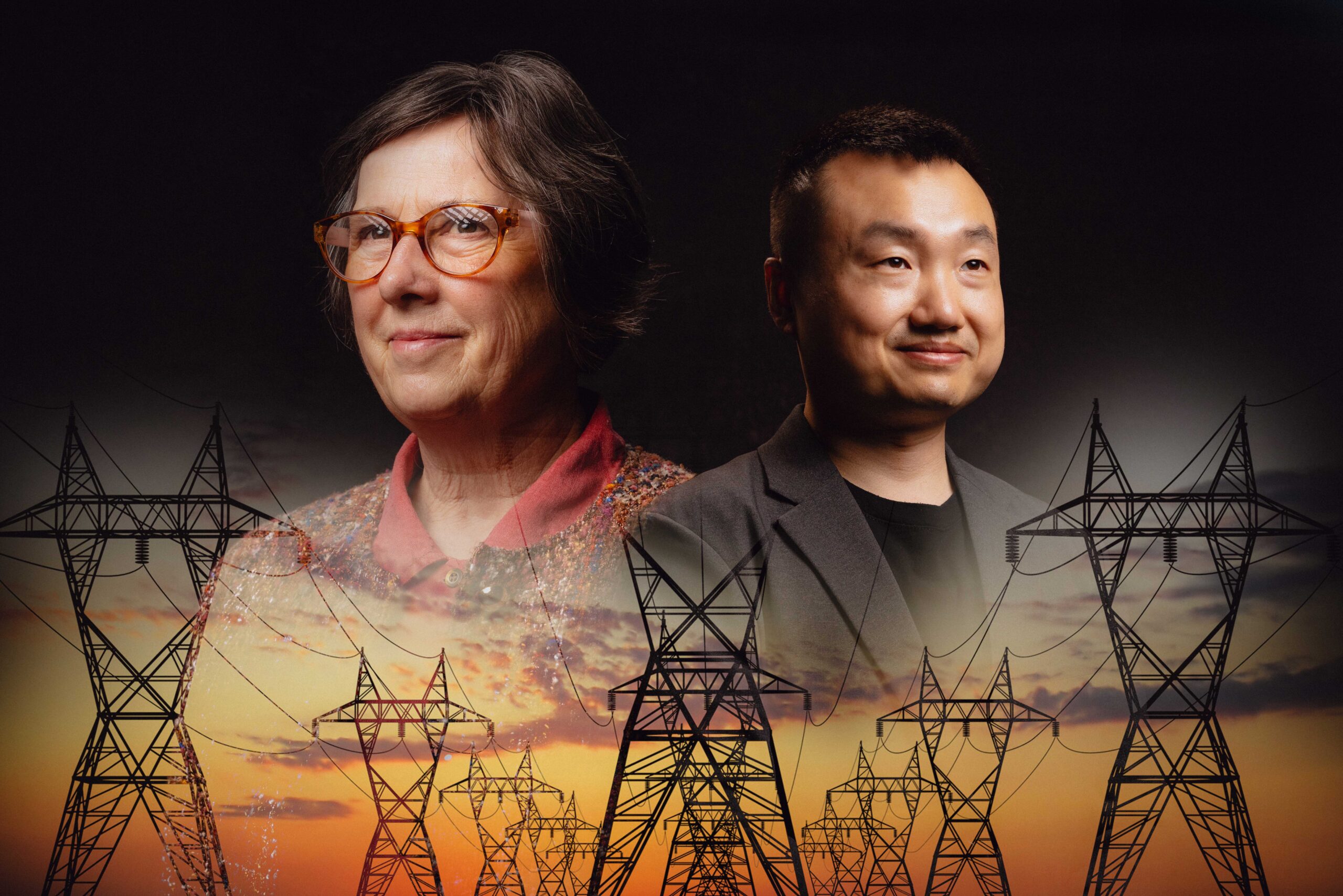 portraits of Anne Kimber and Zhaoyu Wang overlay electrical transmissions towers silhouetted against the sky at sundown